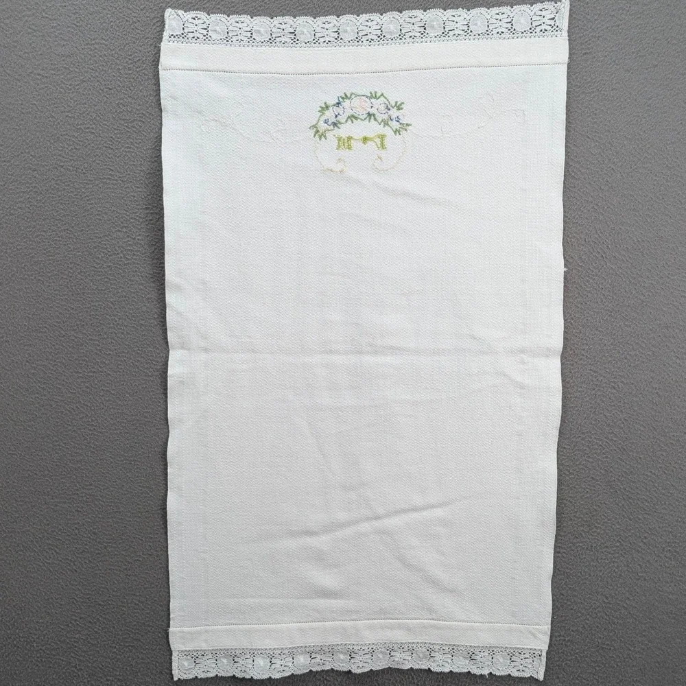 Vintage Lof of 6 Embroidered Hand‎ Towel Linen Floral Lace Trim Kitchen Boho